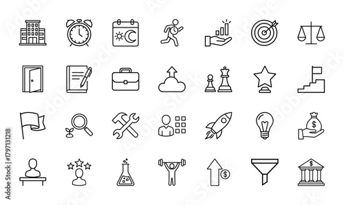 Business strategy line icon set. Vector pictograms of building, alarm, calendar, target, briefcase, rocket, lightbulb, money, and bank, thin linear illustration.