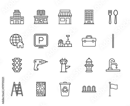 General outline icon set. Vector pictograms of hotel, storefront, building, cutlery, globe, parking, logistics, briefcase, drill, and flag, thin linear illustration.