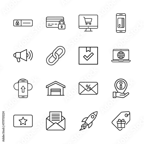 E-commerce and marketing line icon set. Vector pictograms of login, credit card, shopping cart, megaphone, delivery box, laptop, warehouse, email, rocket, and price tag, thin linear illustration.