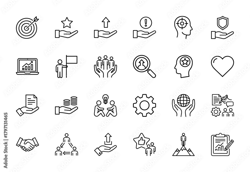 Fototapeta premium Business strategy and development line icon set. Vector pictograms of target, growth, teamwork, analytics, finance, leadership, and planning, thin linear illustration.