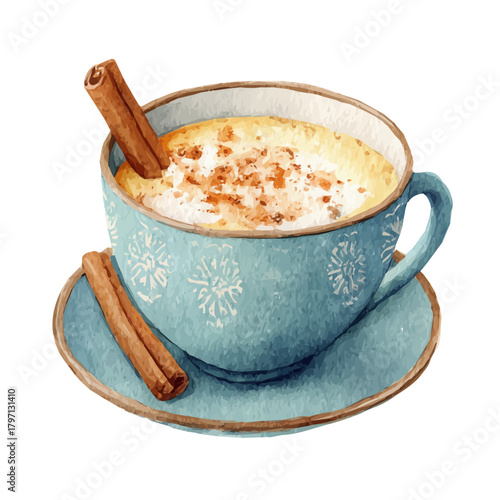 My hand-painted Watercolor illustration, vector illustration set, cup of eggnog with cinnamon painting illustration isolated on a white background, illustration, AI painting design, eps format