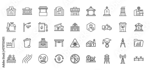 City services and infrastructure line icon set. Vector pictograms of stadium, market, hospital, factory, cinema, biofuel, ambulance, biohazard, recycle, and water tower, thin linear illustration.