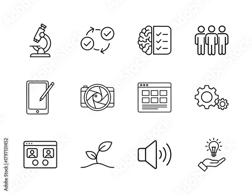 Business, technology, and science line icon set. Vector pictograms of microscope, workflow, brain, team, tablet, camera, gears, and innovation, thin linear illustration.