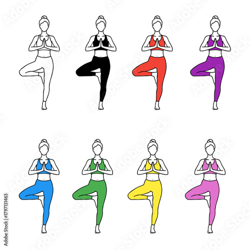 Set of 8 colorful illustrations of a woman in Tree Pose (Vrikshasana). Minimalist line art vector icons for yoga, fitness, balance, and wellness.