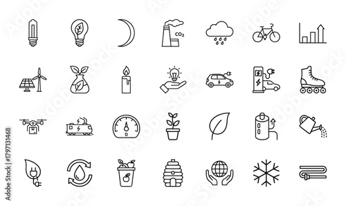Environmental and sustainability line icon set. Vector pictograms of lightbulb, leaf, factory, rain cloud, bicycle, wind turbine, electric car, and recycling, thin linear illustration.