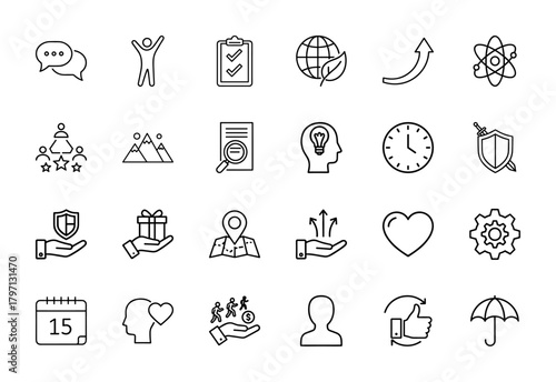 Business and general concepts line icon set. Vector pictograms of chat, success, ideas, clock, map, heart, settings, thin linear illustration.