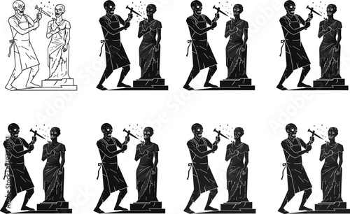 Sculptor artist carving marble statue, craftsman working with chisel and hammer, creating classic female figure, artistic creativity, vector illustration design