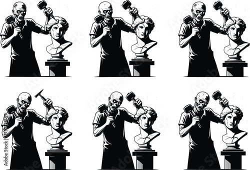 Sculptor chiseling female bust, classical art process, black and white vector illustration, hammer and chisel, artistic creation, craftsmanship, sculpture sequence