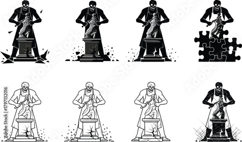 Sculptor man carving statue, artistic craftsman shaping marble figure with chisel and hammer, creativity, dedication and art creation vector illustration design