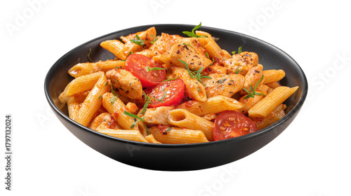 Penne pasta with chicken and tomatoes isolated on a transparent background