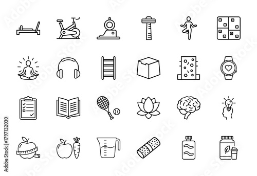 Health and wellness line icon set. Vector pictograms of rowing machine, smartwatch, checklist, book, lotus, brain, apple, and supplements, thin linear illustration.