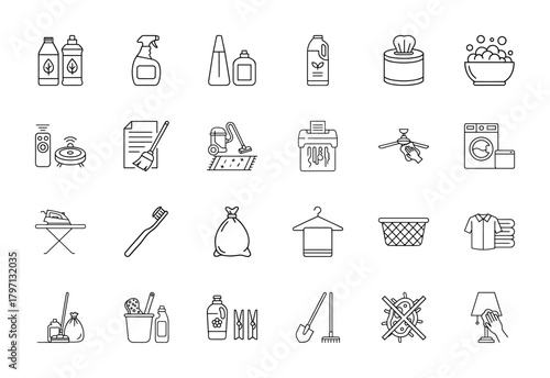 Cleaning and hygiene line icon set. Vector pictograms of cleaning bottles, vacuum, washing machine, ironing, toothbrush, trash bag, mop, and disinfection, thin linear illustration.