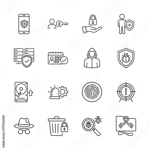 Cybersecurity line icon set. Vector pictograms of mobile protection, user access, server, hacker, malware, data storage, and biometrics, thin linear illustration.