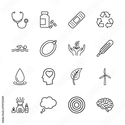 Medical, ecological, and wellness line icons. Vector pictograms of a stethoscope, medicine, recycle, plant, brain, and wind turbine, thin illustration.