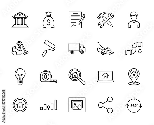 Real estate, home services, and finance line icon set. Vector pictograms of bank, money, contract, tools, truck, vacuum cleaner, house search, and 360 symbols, thin linear illustration.