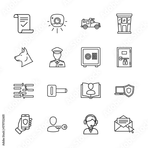 Security line icon set. Vector pictograms of document, camera, armored car, building, dog, guard, safe, key, laptop, smartphone, operator, email, thin linear illustration.