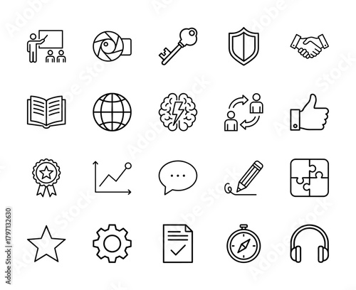 Business, education, and strategy line icon set. Vector pictograms of key, shield, handshake, book, brain, graph, document, and compass, thin linear illustration.