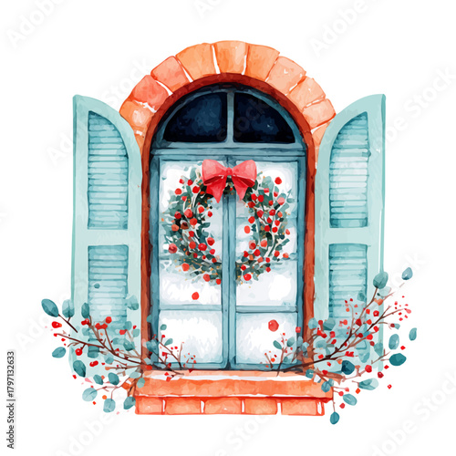 My eps format hand-painted Watercolor illustration holiday window with wreath, vector illustration set, painting illustration isolated on a white background, illustration, AI painting design