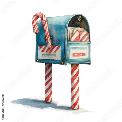 My beautiful hand-drawn Watercolor illustration, mailbox with candy canes isolated on a white background, illustration, AI painting design, vector, eps format