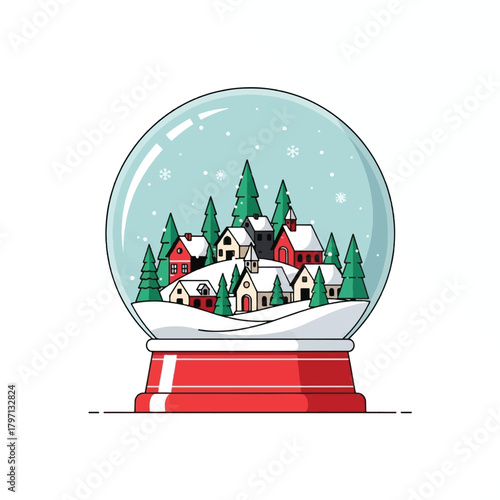 A charming illustration of a winter village scene inside a classic snow globe with red base and falling snowflakes.