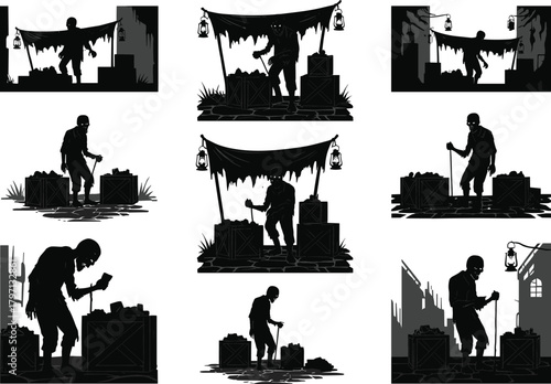 Silhouette crate interaction scene, urban exploration, industrial background, lantern-lit figure, black and white vector illustration, mysterious labor moment, graphic storytelling