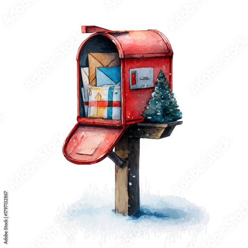 My beautiful hand-drawn Watercolor illustration, mailbox with candy canes isolated on a white background, illustration, AI painting design, vector, eps format design