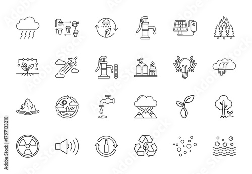 Nature and sustainability line icon set. Vector pictograms of rain cloud, water cycle, dripping faucet, factory, radiation, and recycling, thin linear illustration.