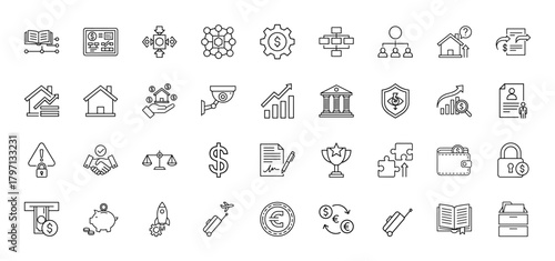 Business and finance line icon set. Vector pictograms of documents, currency, property, investment, security, growth, organization, thin linear illustration.