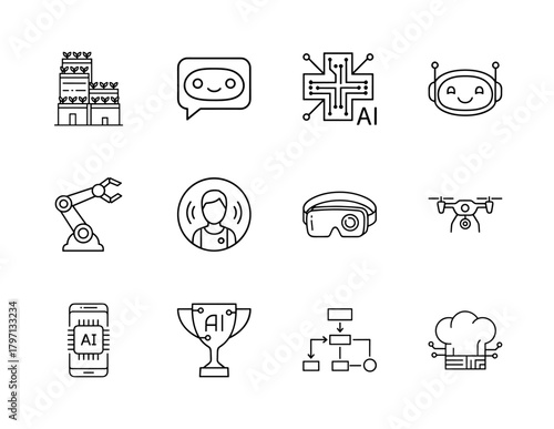 Artificial intelligence line icon set. Vector pictograms of smart building, chatbot, AI brain, robot, robotic arm, VR glasses, drone, smartphone AI, and smart chef, thin linear illustration.