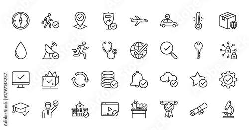 Approval and verification line icon set. Vector pictograms of compass, location, airplane, car, package, database, globe, monitor, certificate, graduation, thin linear illustration.