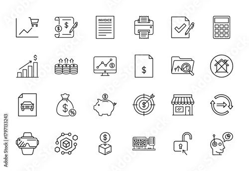 Finance, business, and technology line icon set. Vector pictograms of charts, invoices, money, calculator, store, virtual reality, server, and security, thin linear illustration.