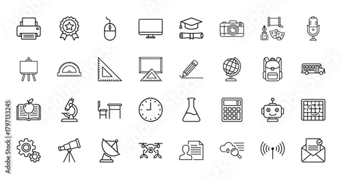 Education and technology line icon set. Vector pictograms of printer, monitor, graduation cap, camera, globe, backpack, book, microscope, robot, and drone, thin linear illustration.