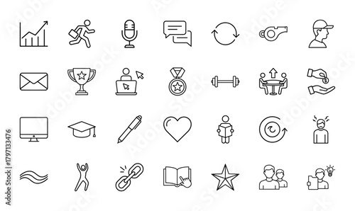 Business, education, and lifestyle line icon set. Vector pictograms of charts, communication, success, sports, finance, knowledge, and ideas, thin linear illustration.