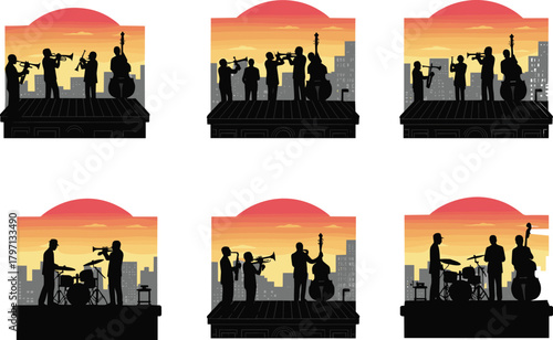 Silhouette jazz band performing on rooftop at sunset, urban skyline background, saxophone, trumpet, and double bass musicians, vector illustration, night concert atmosphere