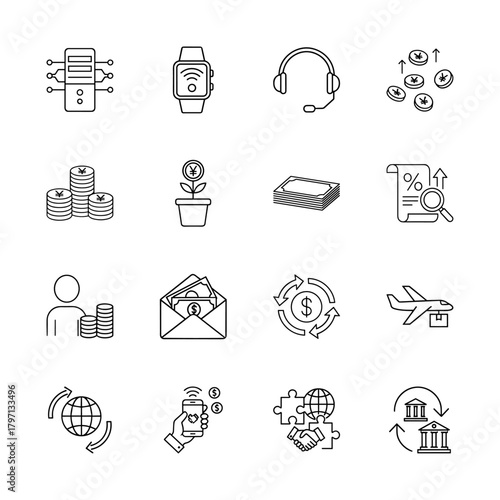 Finance, business, and technology line icon set. Vector pictograms of server, smartwatch, headset, currency, investment, logistics, payment, and banking, thin linear illustration.