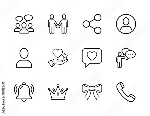 Social media and user interface line icon set. Vector pictograms of users, chat bubbles, share symbol, handshake, bell, crown, and bow, thin linear illustration.