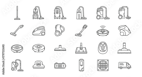Collection of vacuum cleaner icons a comprehensive set of cleaning appliance illustrations for design and informational purposes