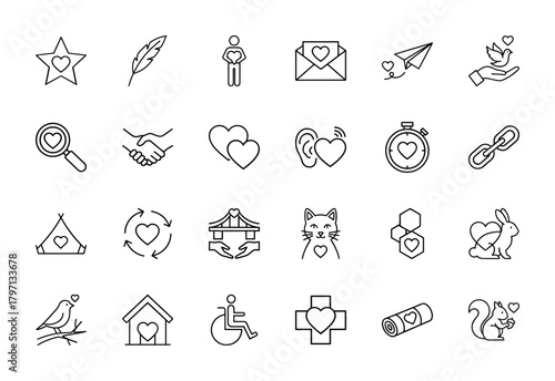 Love and relationship line icon set. Vector pictograms of star, feather, hearts, envelope, handshake, dove, cat, rabbit, bird, house, cross, wheelchair, thin linear illustration.