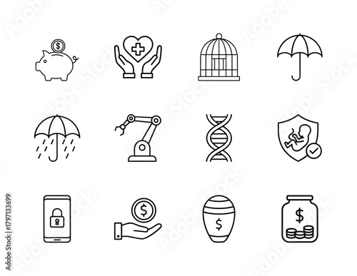 Insurance and modern life line icon set. Vector pictograms of piggy bank, hands with heart, umbrella, robotic arm, DNA, fetus on shield, and locked smartphone, thin linear illustration.