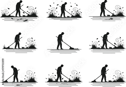 Silhouette man raking leaves, autumn wind, black and white vector illustration, seasonal cleanup, outdoor work, fall garden maintenance, stock content