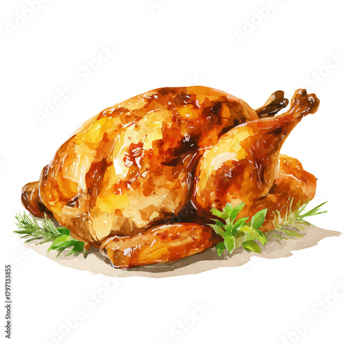 A watercolor roasted turkey painting illustration isolated on a white background, roasted turkey illustration, EPS format design