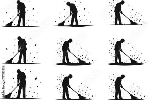 Silhouette man sweeping ground, black and white vector illustration, repetitive motion, cleaning action, debris particles, broom posture, stock content for design