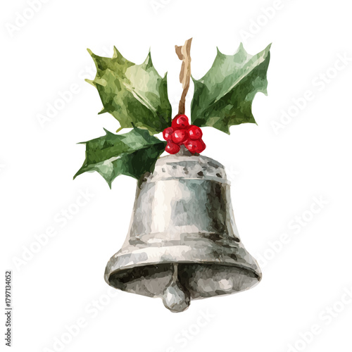 A watercolor silver bell with holly painting illustration isolated on a white background, silver bell with holly illustration, EPS format design