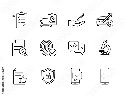 Business and technology line icon set. Vector pictograms of checklist, car service, document, fingerprint, chat, microscope, shield, and smartphone, thin linear illustration.