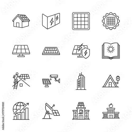 Solar energy technology line icon set. Vector pictograms of solar panels, residential house, battery, global grid, education, and installation, thin linear illustration.