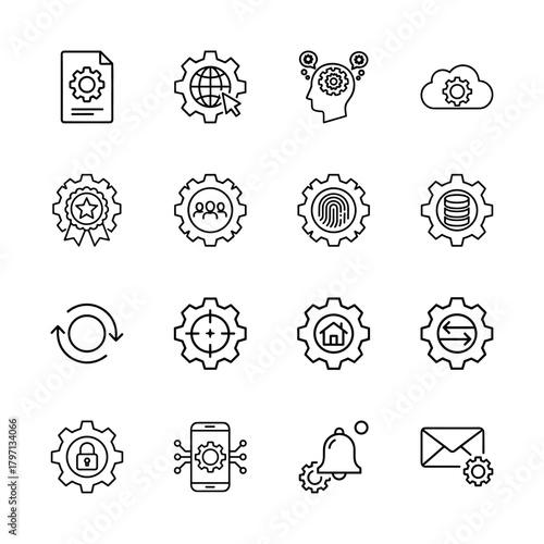 Settings and technology line icon set. Vector pictograms of document, globe, brain, cloud, users, fingerprint, data, mobile, and mail, thin linear illustration.