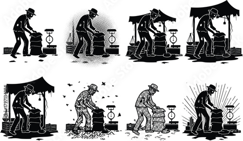 Silhouette man weighing sack on scale, rural market scene, black and white vector illustration, manual labor, artistic styles, stock content design