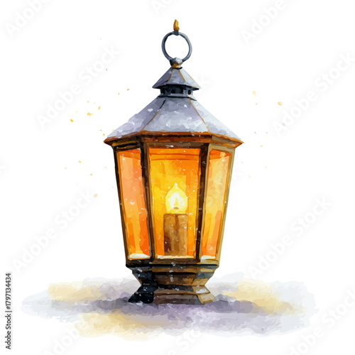 A beautiful watercolor snowy lantern isolated on a white background, AI painting style, vector set available in EPS format. Hand-painted watercolor design, vectorized	