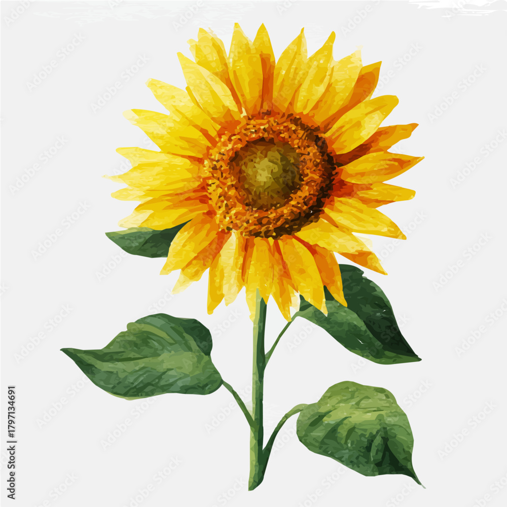 Obraz premium A beautiful watercolor sunflower in top view angle isolated on a white background, AI painting style, vector set available in EPS format. Hand-painted watercolor design, vectorized 