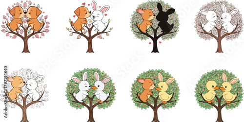 Cute animal couples kissing on tree branches illustration set, romantic love cartoon with dog, bunny, and duck characters for valentine